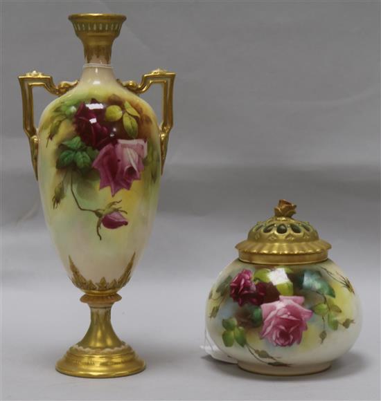 A Royal Worcester Etruscan two-handled vase and a pot pourri, H 26cm (vase)